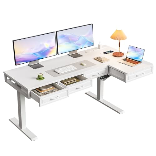 OffiGo L Shaped Electric Standing Desk with Wooden Drawers, 55 Inch Height Adjustable Corner Workstation with Power Outlets, Sit Stand Table for Home, Office, White