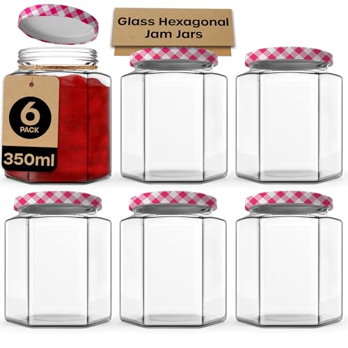 volila Glass Jars with Lids 350ml - 6 Pack Hexagonal Jars with Red Gingham Screw Top Lids - Airtight Glass Jars with Lids for your Homemade Jam, Marmalade and Chutney - Jam Jars with Lids