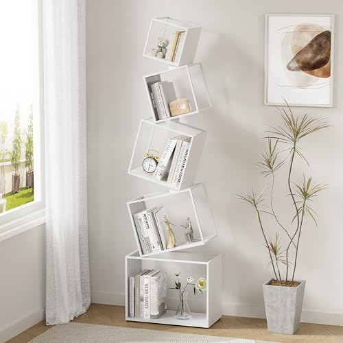 Geometric Book Shelf 5 Tier, White Metal Bookshelf 67 Inch, Mordern Narrow Bookcase, Skinny Corner Bookshelves for Bedroom, Living Room, Office, Home Decor - Image 4