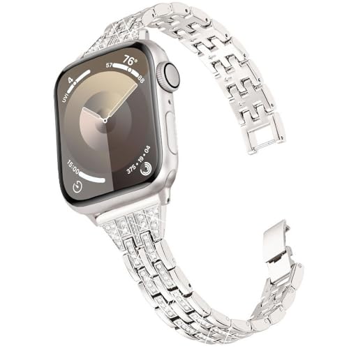 DEALELE Bands Compatible with Apple Watch 49mm 46mm 45mm 44mm 42mm, Bling Diamond Rhistone Metal Replacement Strap for iWatch Series 10/9 / 8/7 / 6/5 / 4/3 / SE/Ultra Women Men (Starlight)