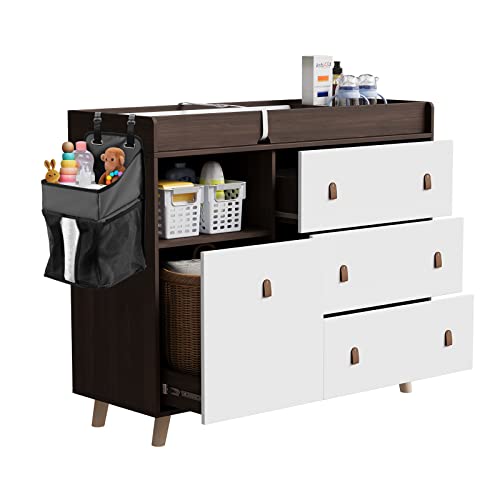 Timechee Baby Changing Table Dresser, Modern Nursery Changing Dresser Chest With 3 Drawers & 1 Shelf, Diaper Changing Pad, Storage Changing Dresser (Brown) #TOP5
