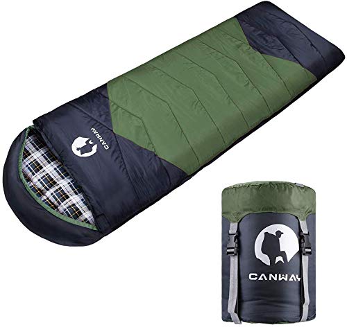 CANWAY Sleeping Bag with Compression Sack, Lightweight and Waterproof for Warm & Cold Weather, Comfort for 4 Seasons Camping/Traveling/Hiking/Backpacking, Adults & Kids, Green-Flannel