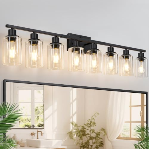 Image of Indoi 8-Light Bathroom Light Fixtures, Matte Black Modern Vanity Lights with Clear Glass Shades, Bathroom Wall Lamp for Mirror Living Room Cabinet Bedroom Porch