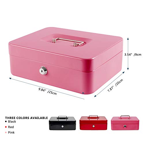 Image of Cash Box with Money Tray,Small Safe Lock Box with Key,Cash Drawer,Red,Black,Pink,Medium,Large (Large, Pink)