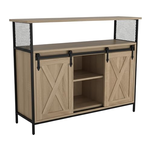 Relaxdays Aparador Puertas correderas, 80x100x33 cm, 6 estantes, Mueble Auxiliar Cocina y salón, Natural/Negro, 70% Tablero de Fibras, 80 x 100 x 33 cm
