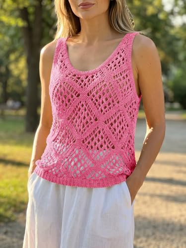 Image of Imily Bela Womens Summer Crochet Tank Tops Knit Sleeveless Sweater Vest | Boho Scoop Neck Tops Casual, Hollow Out Beach Cover Ups, Country Concert Outfits Vacation, Resort Wear, Loose Fit
