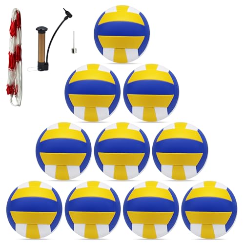 ZHUOKECE Volleyball 10 Pack Official Size 5 Inflatable Volleyballs Beach Ball Outdoor Indoor Training Equipment Volley Balls Gifts for Team -Includes Ball Pump (Blue Yellow)