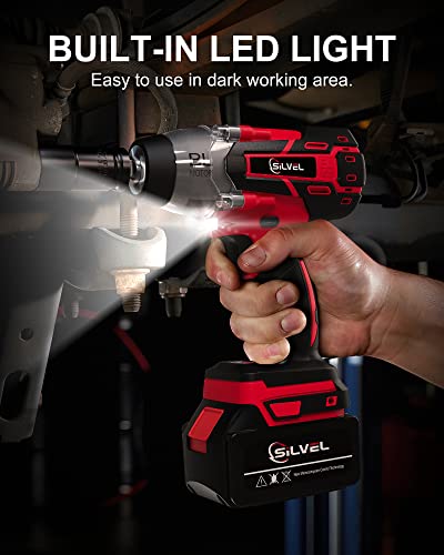 Silvel 21V Cordless Impact Wrench 1/2 Inch, 517 Ft-Lbs (700N.m) Max Torque, Brushless Impact Driver With 1.5Ah Li-Ion Battery, Charger, 6 Sockets, Extension Bar, Power Impact Gun For Car Home #TOP3