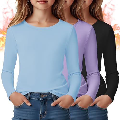 Catálogo de Camisetas interiores deportivas para Niña favoritos de las personas. 50 LessonZoo - Paquete de 3 camisas térmicas de manga larga para niña, cuello redondo, forro polar, ropa interior térmica con capa base, playera interior casual, Azul, morado y...