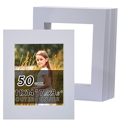Falling in Art 50 Pack White 11x14 Acid Free Pre Cut Picture Mats for 8x10