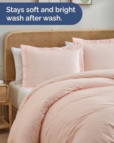 Image of Duvet Cover King Size Set - Extra Soft Floral Duvet Cover 104 x 90 with 2 Pillow Shams - Comfy, Cozy, Breathable Floral Bedding Set - Hotel Luxury & Fade Free w / Zipper Closures and Ties - Pink Daisy