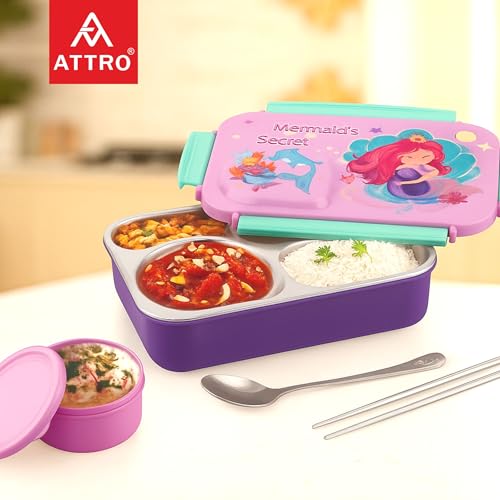 Image of ATTRO School Bite Stainless Steel Lunch Box - 3 Compartment Bento Tiffin, Leak-Proof & Durable, Ideal for Kids, School, Picnic- 750ml+150ml, Pink Lavender- Princess Theme