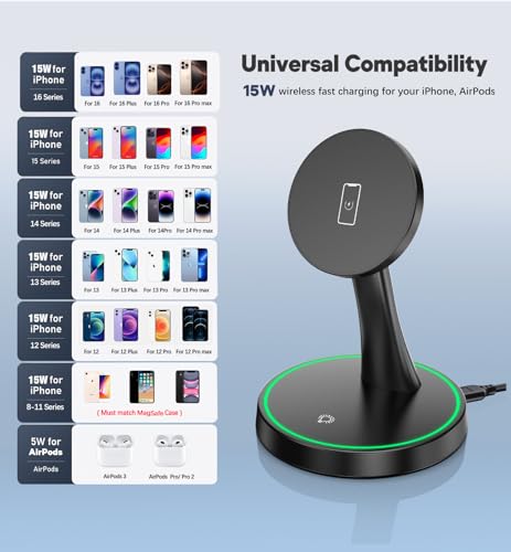 Magnetic Wireless Charger Stand 15W Fast Charger for iPhone17/16/15/15 Pro/15 Plus/15 Pro Max/14/13/12 Series Magnet Wireless Charging Station/Pad with Sleep-Friendly Light for AirPods 3/Pro/Pro 2