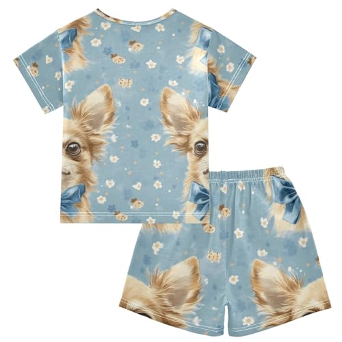 Pajama Short Sets Cute Dogs with Flowers Soft Cotton Summer Sleepwear 2 Piece PJS Size 5-14T2