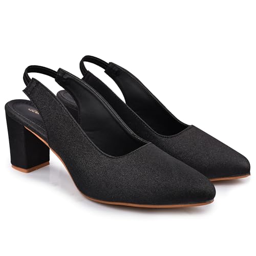 Image of Classic Closed Pointed Toe Mid Block Thick Heel Slingback Pumps for Women Signora104| Glitter Fabric Dress Shoes | Wedding Party | Evening Trendy Signora104