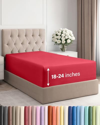 Image of Extra Deep Twin Fitted Sheet - Single Fitted Sheet Only - Red | Easily Fits 18 inch to 24 inch Mattress, Soft, Wrinkle Free, Breathable & Comfy, Extra Deep Pockets Hotel Luxury Fitted Sheet