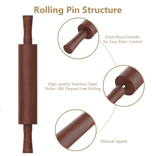 Classic Wooden Rolling Pin with Handle for Fondant, Pizza, Pies, Cookies, Pastries, Rolling Pin for Baking with 3 Multi-Color Thickness Rings, 17" x 2.5" (Include handle) Sapele Rolling Pin