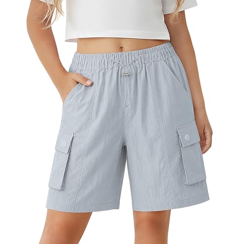Image of Rolanko Girls Cargo Shorts Lightweight Parachute Short Pants with Pockets Summer Cargo Shorts for Kids Casual Hiking Sports