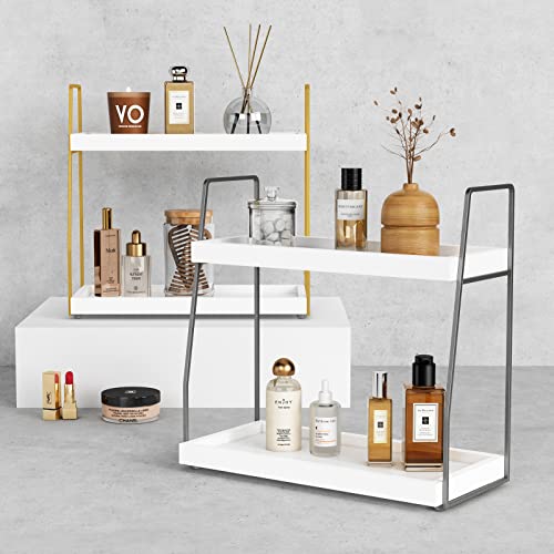 image for Forbena 2 Tier Bathroom Counter Organizer, White and Grey Coffee Bar O