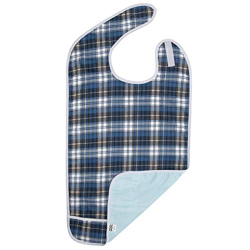 Adult Bib For Eating, Waterproof Clothing Protector With Crumb Catcher. Machine Washable, (Blue Plaid) #TOP13