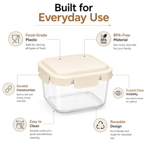 Image of Vasukie 6-Piece Airtight Plastic Food Storage Containers - Big Square Nesting Meal Prep Containers with Cream Airtight Locking Lids - Clear BPA-Free Kitchen & Pantry Storage Box Set