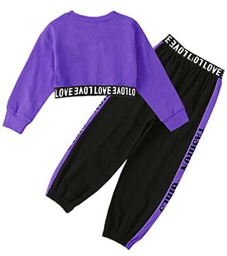Image of Betusline Little Girls Cute Outfits, 2 Pieces Pullover Crop Tops + Black Pants Cropped Playwear Clothing Sets, Purple Black, 6-7 Years