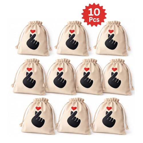 Image of Korean Kawaii Love Sign Potli Bags - Set of 10 Cotton Drawstring Gift Pouches for Return Gifts, Wedding Favors, Party Giveaways, Jewelry Packaging, Festive Gift Packing Bags