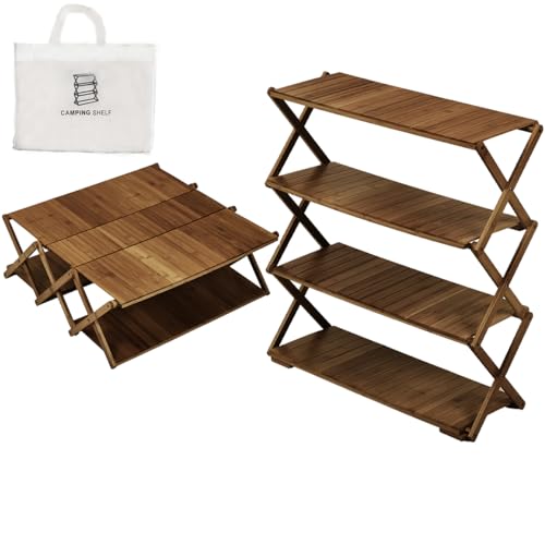 Warmiehomy 2-in-1 Camping Table Storage Shelf Folding 2 Tier Picnic Tables 4 Tier Storage Rack Bamboo Portable Table Organizer Shelf with Carry Bag for Indoor Outdoor, Walnut