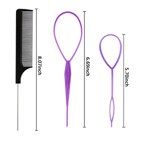 Tosamzoo Hair Loop Styling Tool , 4Pcs French Braid Tool Loop (Pink, Purple) 2Pcs Metal Stainless Steel Pin Rat Tail Comb (Black) 280 Pcs Hair Ties Mini Elastic Hair Bands #TOP1