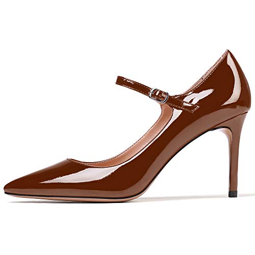 SAMMITOP Women's Mary Jane Pumps Pointed Toe High Heel Dress Shoes Elegant 85mm Heels Brown US8.5