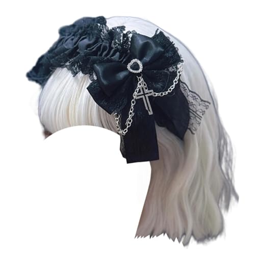 [ボズとガルヤ] カチューシャ 地雷系 ヘッドドレス サブカル系 チェーン ダーク系 ベルト 原宿パンク 髪飾り ロリィタ ゴシック風 蝶結び 黒魔術 コスチューム スタッド コスプレ クロス柄 病みかわ 変装 撮影用