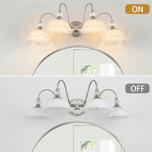 Image of Brushed Nickel Bathroom Vanity Light, 4-Light Vanity Light with Floral White Glass Shades, Brushed Nickel Wall Mount Lighting for Bathroom, Dressing Table