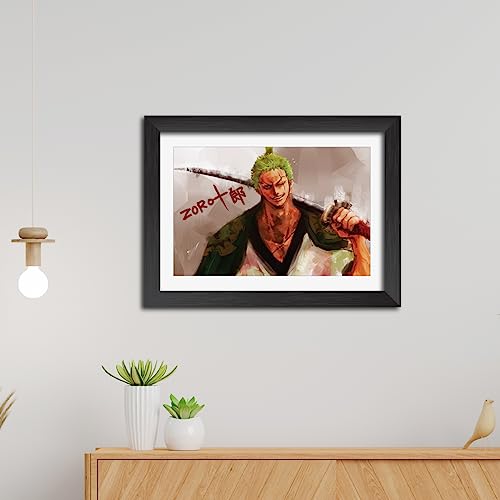 Image of TenorArts Roronoa Zoro Poster One Piece Anime Posters Laminated Photo Frame Painting with Matt Finish Black Textures (12inches x 9inches)