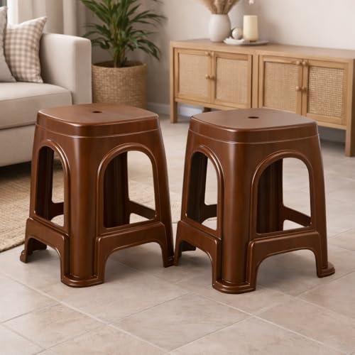 Image of PulGos Pack of 2 Brown Plastic Sitting Stool for Home, Office & Outdoor Use | Compact, Lightweight & Durable Stool for Adults & Kids | Use as Footrest, Side Table, Extra Seating for Living Room