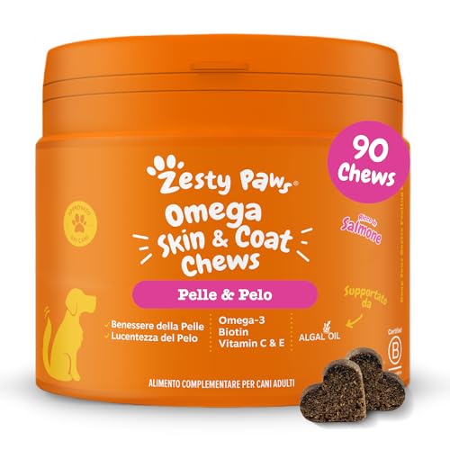 Zesty Paws Supporto della Pelle e del Pelo con Olio di Pesce per Cani | Supporto della Pelle e Un Pelo Sano | Vitamine e Integratori per Cani con Farina di Salmone - 90 Pezzi