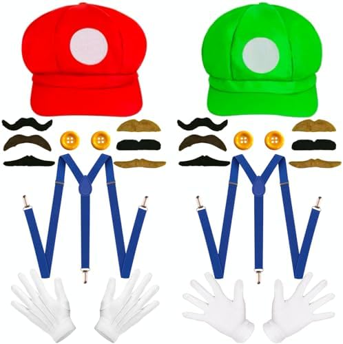 Mario und luigi kostüm,Karneval Mario Kostüm Bros Mütze Hut Röcke Socken Handschuhe Bart gelbe Knöpfe für Fasching-Erwachsene Damen Herren Kind Outfits Cosplay Karneval