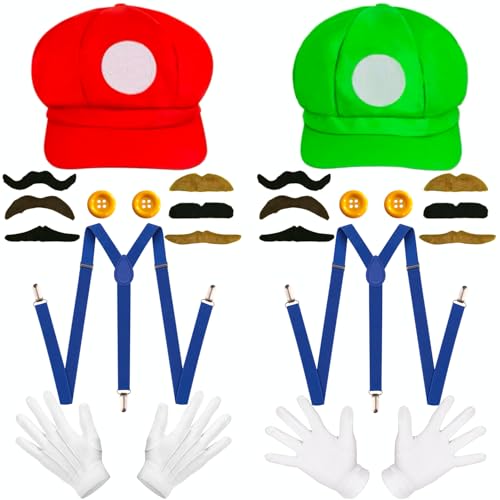 iDattel 2 Sets Mario und luigi kostüm,Karneval Mario Kostüm Bros Mütze Hut Handschuhe Bart gelbe Knöpfe Kostüm für Fasching-Erwachsene Damen Herren Kind Outfits Cosplay Karneval Kostüm Accessorie