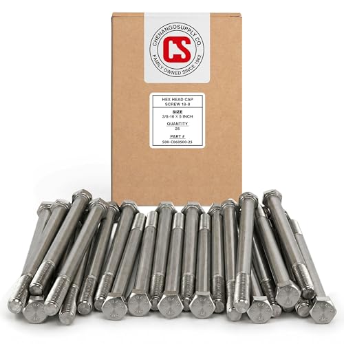 Image of Chenango Supply 3 /8-16 x 5 Stainless Steel Hex Head Bolts - 304 Stainless, USS Coarse Thread, 100,000-125,000 PSI Tensile Strength, Corrosion-Resistant Hardware Bolts, (25 Pieces, 3 /8-16 x 5)