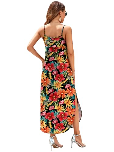 Image of HUSKARY Women's Summer Casual Sleeveless V Neck Strappy Split Loose Dress Beach Cover Up Long Cami Maxi Dresses with Pocket