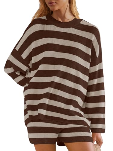 Image of Panadila Womens Striped Sweater Set Oversized Lounge Sets Matching Pajamas Long Sleeve Sweater Top and Shorts