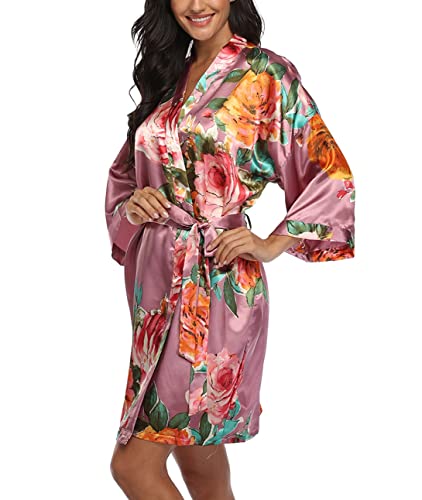 Image of VOGMATE Floral Silk Robes for Women Short Satin Kimono Bride Bridesmaid Robes Bathrobe