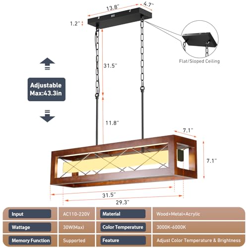 Glimchase 31.5" Wood Rectangular Chandeliers for Dining Room, Walnut Linear Kitchen Island Lighting, Rustic Farmhouse Dining Room Light Fixture Over Table, 30W LED Dimmable Pendant Lights with Remote by Glimchase - Used condition - Image 2