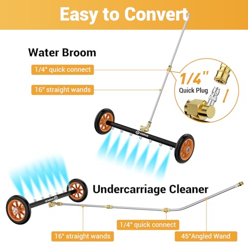 VIGRUE 2-in-1 undercarriage Pressure Washer Attachment,24 Inch Pressure Washer Water Broom with 7 Nozzles,Under Car Washer Cleaner with 3 Pieces Extension Wand,4000 PSI,Orange