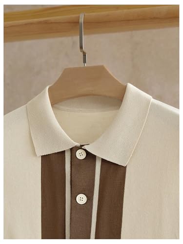 Men's Vintage Short Sleeve Button Up Cardigan Color Block Collared Knit Sweaters3