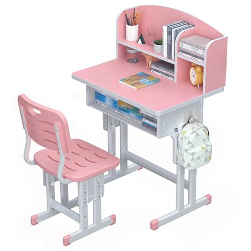 ZHOUBA Juego de sillas de escritorio para niños, escritorio ergonómico de altura ajustable con cajón de almacenamiento, soporte para libros, diseño de pared