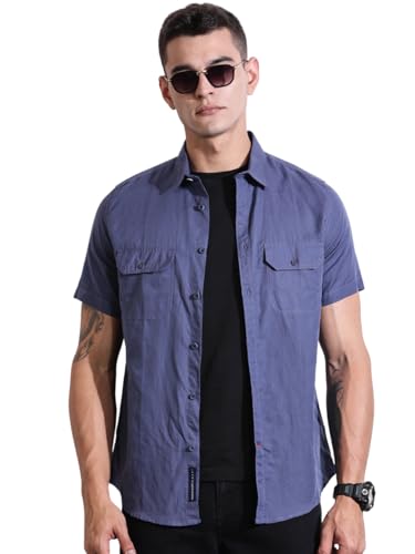 Image of Thomas Scott Men's | Solid | Half Sleeve | Slim Fit | Linen Blend | Double Flap Pocket | Spread Collar | Casual Shirt for Men