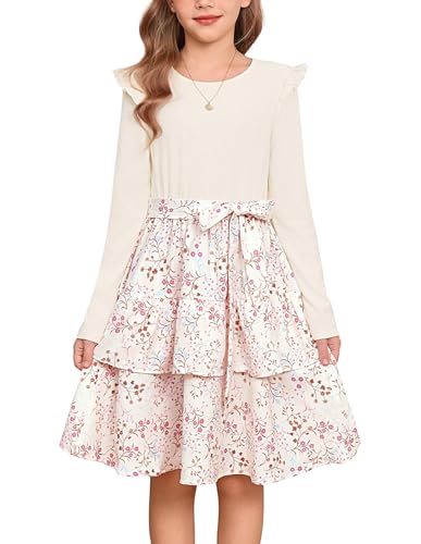 GRACE KARIN Blumenmädchen Prinzessin Kleid Langarm Festlich Hochzeit Party Kleid für Mädchen Beige mit Blume 7 Jahre