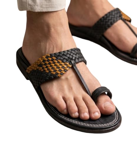 Image of Agadi Men's Kolhapuri Style Sandals | Handcrafted Woven Strap Toe Ring Chappals | Comfortable Ethnic & Casual Slip-On Footwear for Men