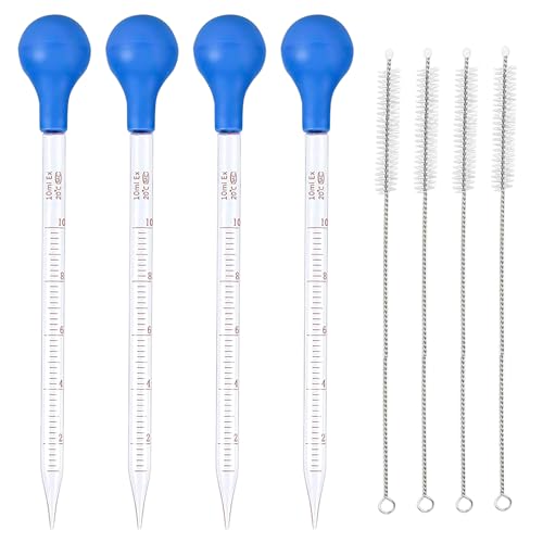 GTNCE 4 Piezas Pipetas de Cristal 10ml, Pipetas Graduadas Cuentagotas con 4 Cepillos de Limpieza y Tapas de Goma, Vidrio Pipetas Precisas para Laboratorio, Química, Medicina, Investigación