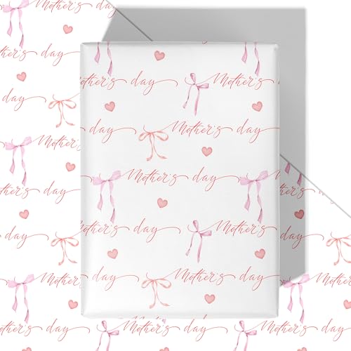 WRAPLULU Mothers Day Wrapping Paper - 4 Jumbo Sheets 28 * 40 Inches - Pink Bow Ribbon Gift Wrap with Mothers day and Hearts Perfect for Mothers Day Moms Birthday Grandmother